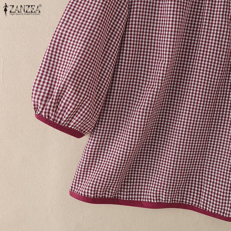 ZANZEA Women Casual Round Neck 3/4 Sleeve Grid Print Loose Blouse
