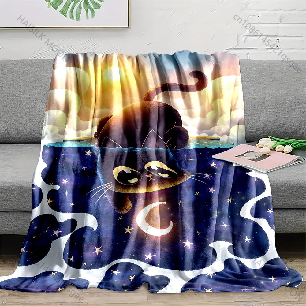 1PC Black cat gazes stars Print Adult Children Warm Blankets Home Travel Car Soft and Comfortable Suitable for all seasons