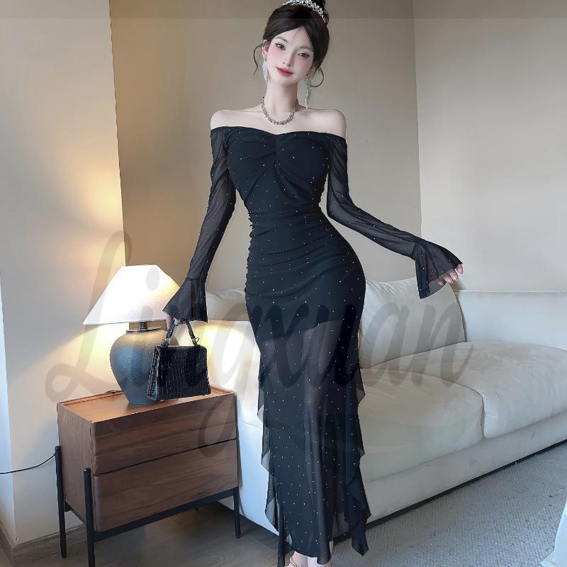 Spicy Girl Mesh Rhinestone Square Neck Ruffle Slit Midi Dress Medium чёрный