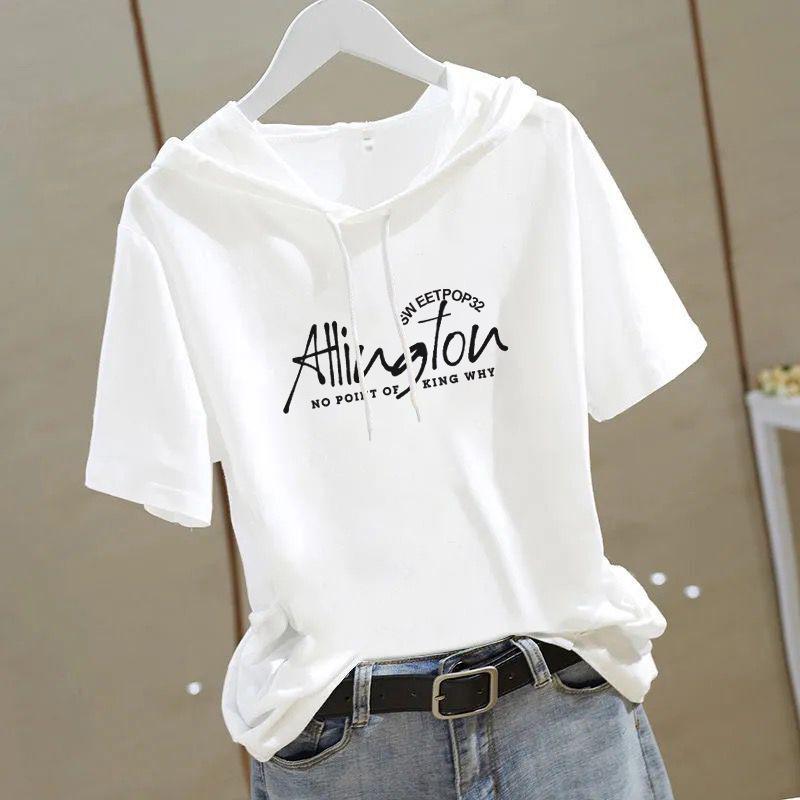 

Women s 2025 Summer Korean Style Hooded Loose Fit Cotton T-Shirt M (70-90 jin)