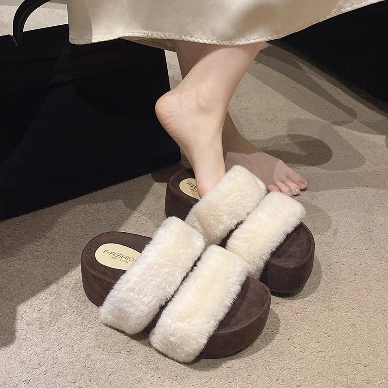 Fashion 2025 Autumn Women's Slippers Platform High Heel Round Toe One-Line Cotton Fleece Comfortable Indoor/Outdoor Fashion Shoes Ladies