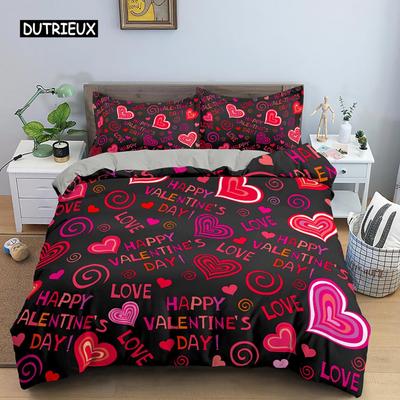 Parure de lit à motif de cœur, ensemble de housse de couette de luxe avec taie d'oreiller en microfibre 2/3 pièces, housse de couette Queen King Size pour couple amoureux