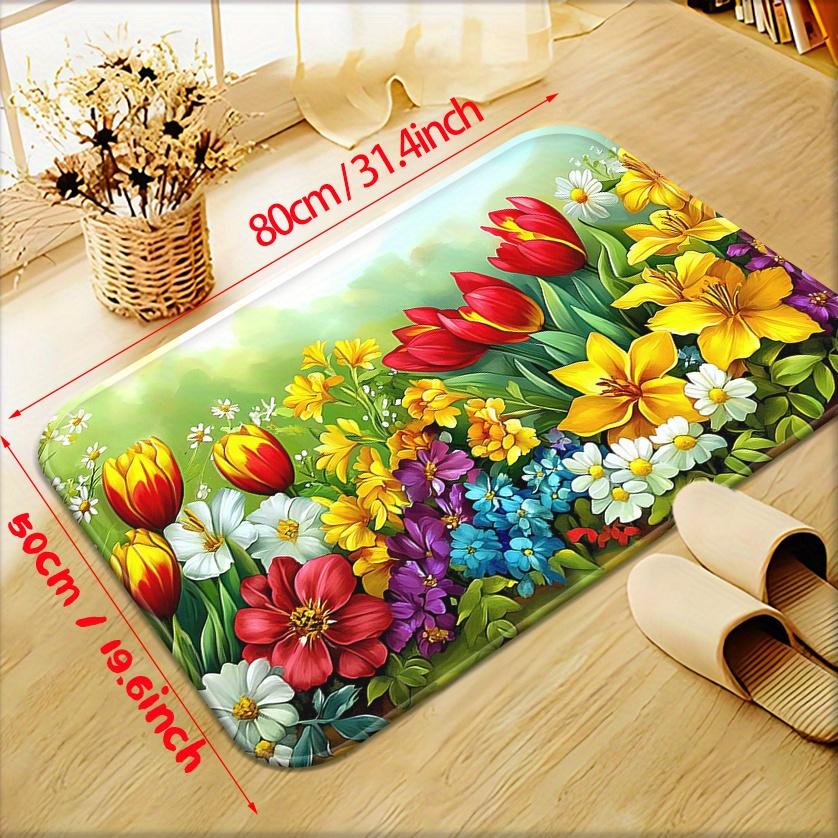 1pc 2D Flat Colorful Tulips Spring Garden Flowers Flannel Bath Mat Non Slip Nature Decor Rug For Bathroom Floor