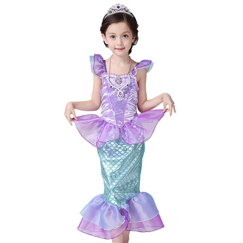 Mermaid Ariel Costume Girls Short Sleeve Fish Tail Shape Cosplay Princess Dress Halloween Carnival Birthday Party Dresses