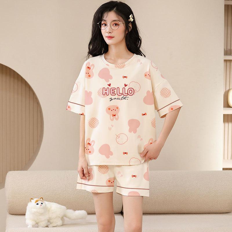 Summer Simple Casual Pajamas Women's Summer Round Neck T-shirt Short-sleeved Shorts Set Age-reducing Women's Loungewear
