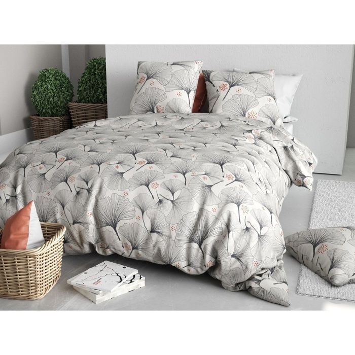 Parure De Lit - Housse Couette 240x260 Cm - 2 Taies - Motif Feuillage Ginkgo - 100% Coton Doux