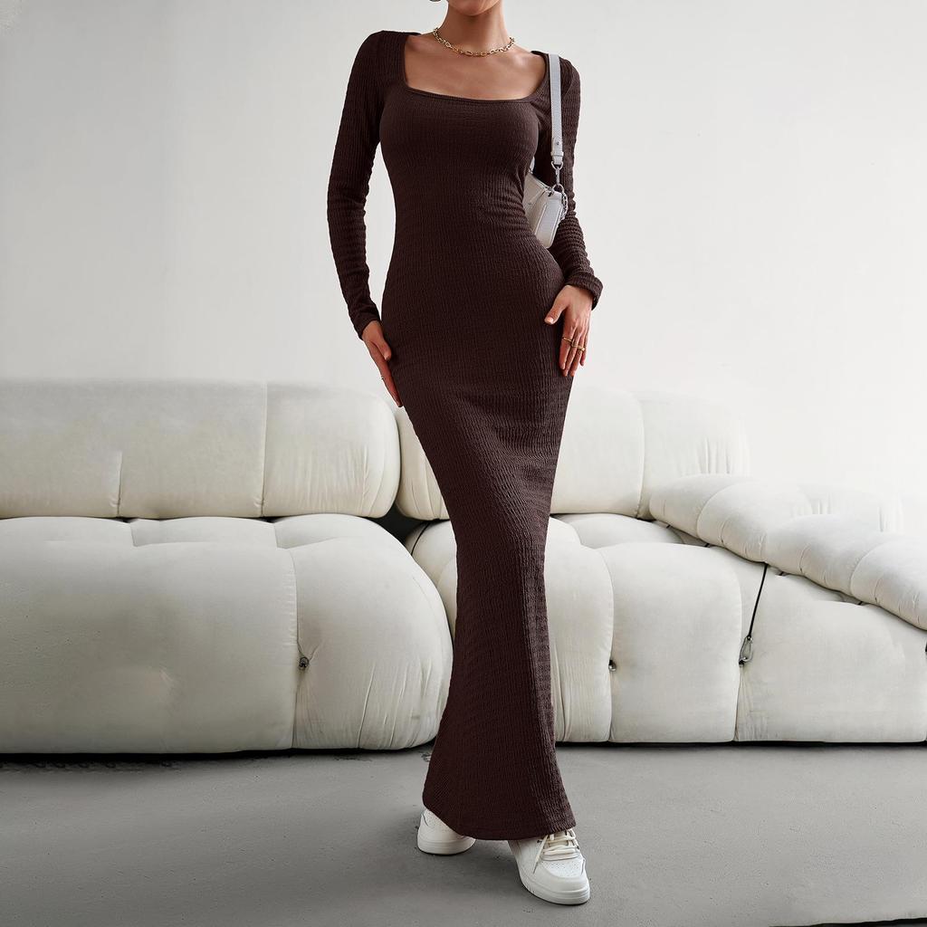 Abito da donna in maglia tinta unita a maniche lunghe con scollo quadrato slim fit autunno