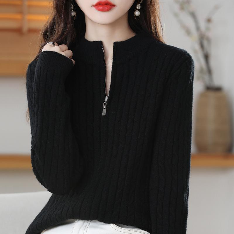 

Вязаный кардиган на молнии с полувысоким воротником для женской весны и осени, новый толстый вязаный свитер-пальто с длинными рукавами на кулиске one size чёрный