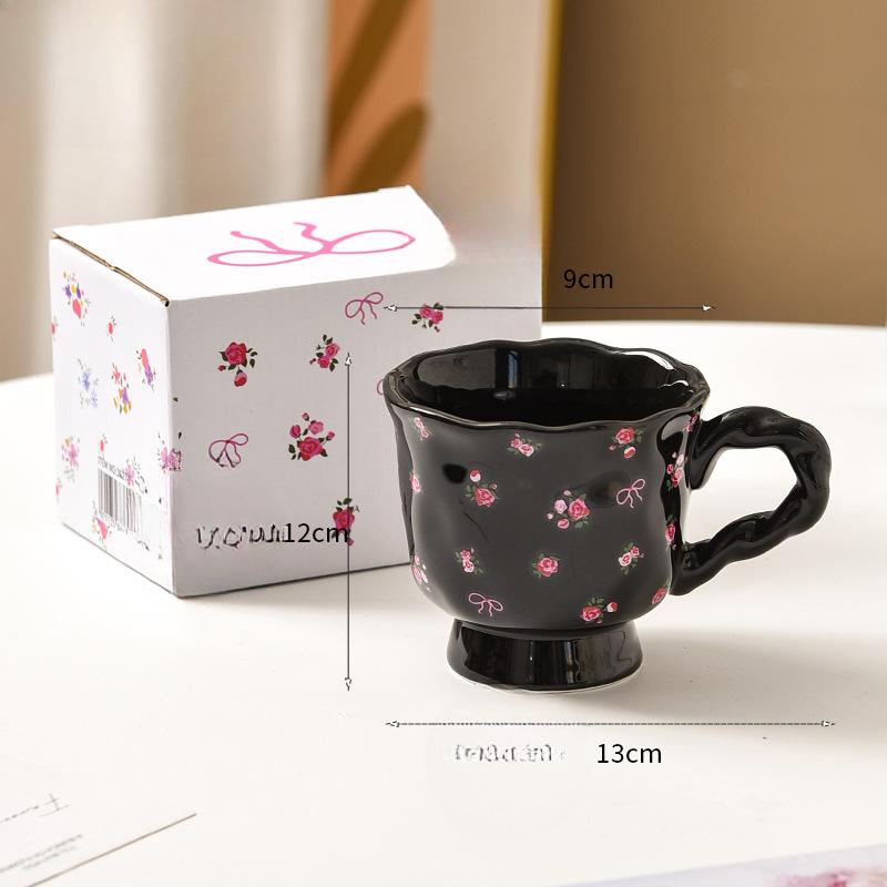 Black and White Floral Mug Ceramic Girls High Looking Coffee Couple Exquisite Afternoon Tea Cup High End Feeling Light Luxury