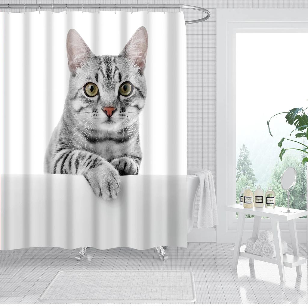 Cartoon Animals Cat Bird Giraffe Shower Curtains Bathroom Curtains Waterproof Polyester Bath Screen Curtain with 12 Hooks