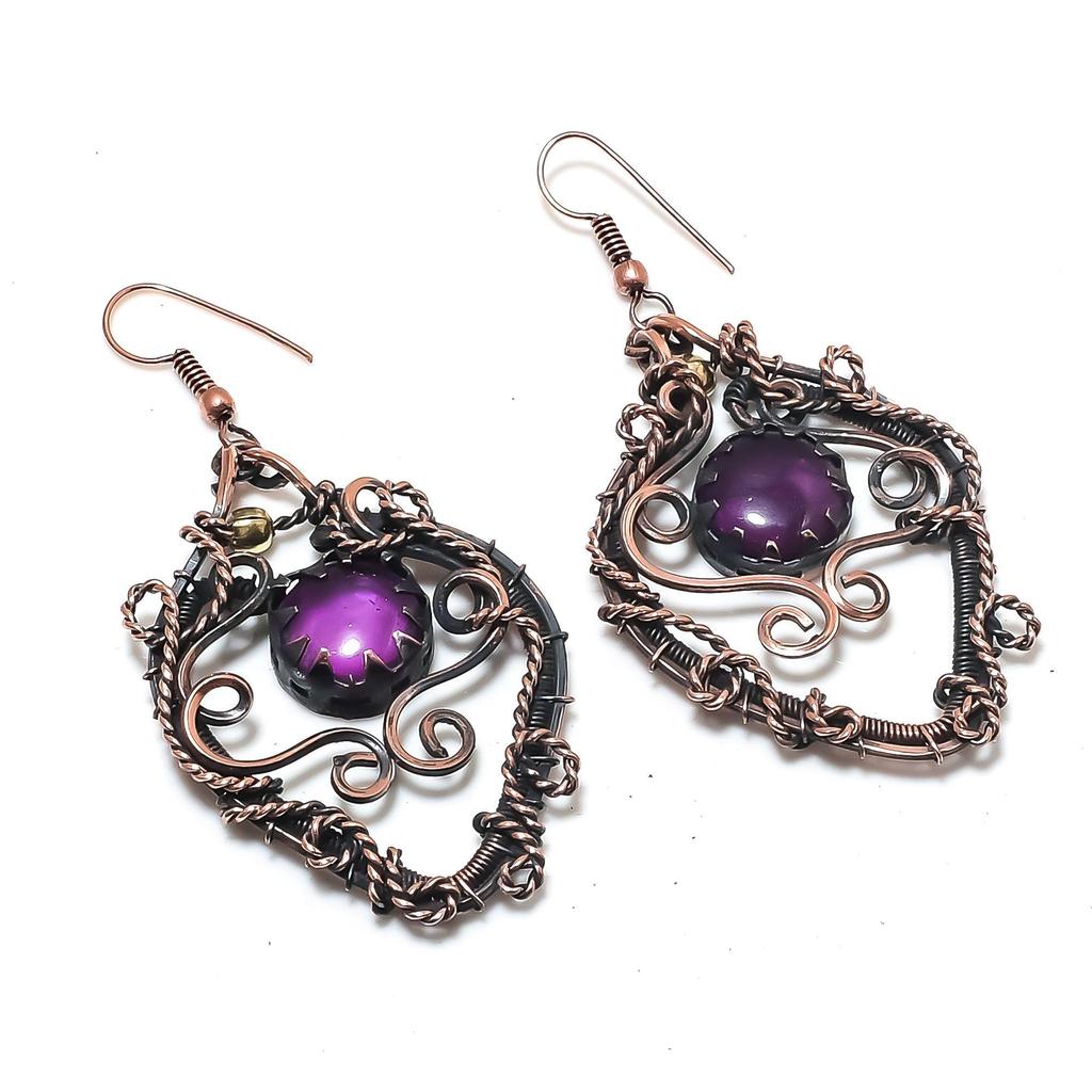Amethyst Earrings Gemstone Jewelry, 999 Copper Wire Wrapped Earrings, Gift For Women Handmade Earrings