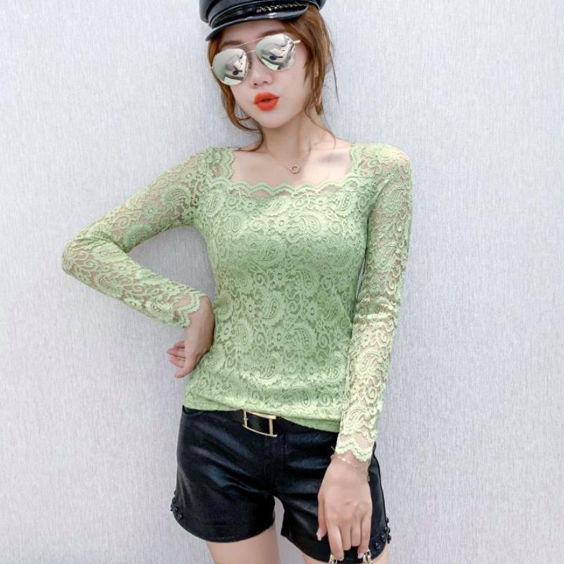 Koronkowy kwadratowy dekolt z długim rękawem francuski niszowy szykowny setka z temperamentem temperament wybuchowy modele kobiece topy retro klasyczne dolne koszule