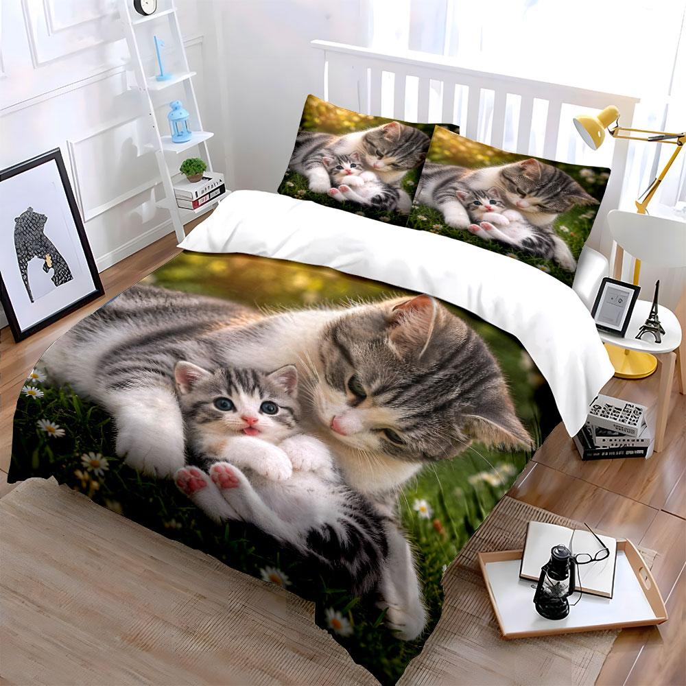 Mother Cat Cuddling Kitten Bedding Set For Kids Luxury Gift 3Pcs Digital Print Comforter Set Soft Comfortable Breathable
