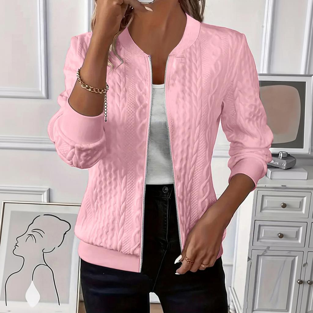 Women's Knit Zip Up Jacket Casual Solid Color Baseball Style Long Sleeve Lightweight Outerwear with Ribbed Collar and Cuffs