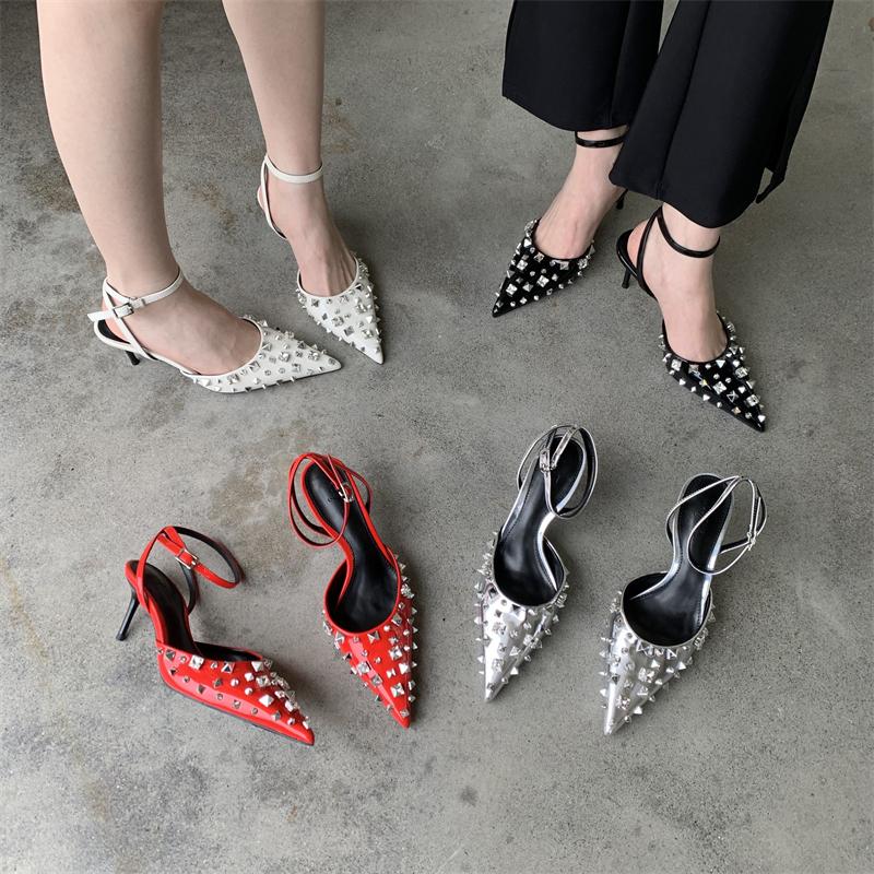 Mode Nieten Strass Stilettoabsätze Feenstil Bratze Zehensandale Knöchelriemen Einzelner Schuh Spitze Mode Halbslipper