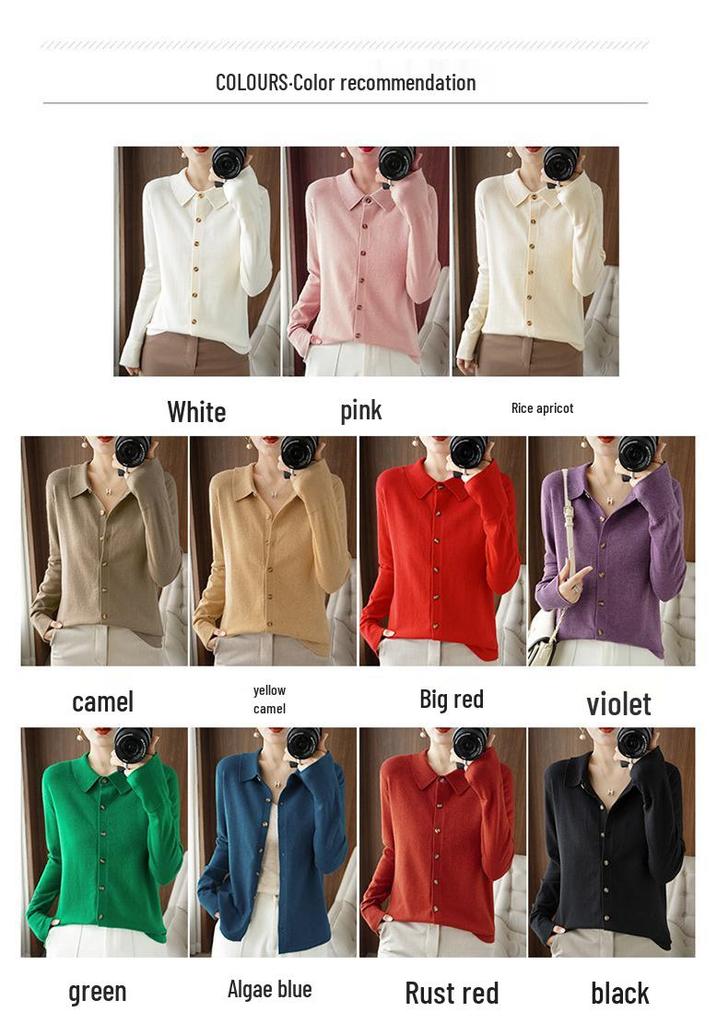 Women's Wool Cardigan with POLO Collar - Long Sleeve Sweater for Spring & Autumn