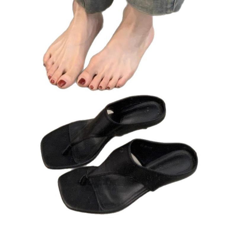 Leather outer wear retro high heels women's head open-toed sandals simple temperament thin heels flip-flops shoes
