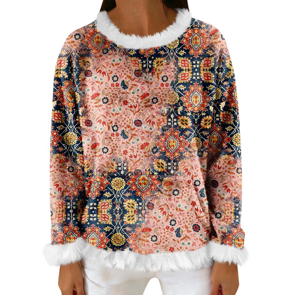 Women's Casual Fleece Sweatshirt  Long-Sleeve Round  Neck Casual Comfortable Loose-Fit Lightweight Women's Flannel Sweatshirt