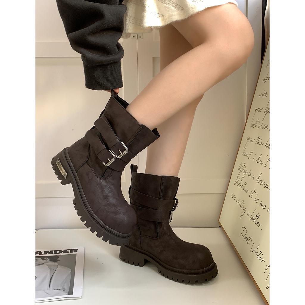 European Goods 2025 Autumn New Thick-soled Heightening Locomotive Martin Boots Women's Leather Retro Mid-tube Western Knight Boots