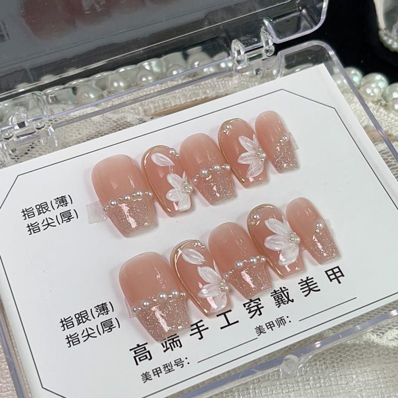 

Handmade Wearable Nail Tips: Nude Sparkle with Hand-Painted Flowers & Crushed Diamonds Gel False Nails