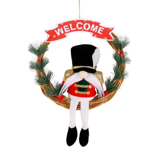 Christmas Gnome Wreath 13 Inch Artificial Vine Wreath with Soldier Gnome Front Door Welcome Sign for Indoor Outdoor Xmas Home Porch Decor
