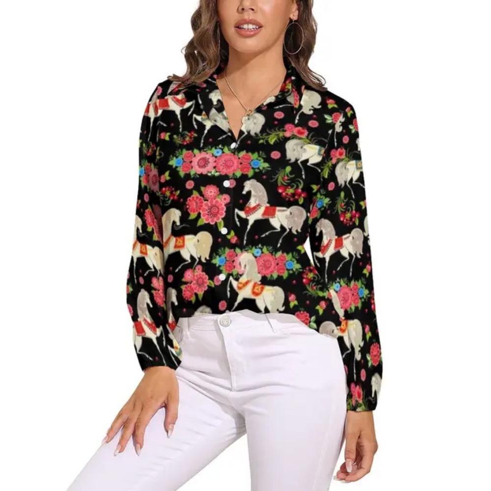 Camicia Colorata con Cavalli a Manica Lunga Camicie da Donna Cavalli Segreti Corse Camicie Vintage Top da Strada Femminili Primavera Estate