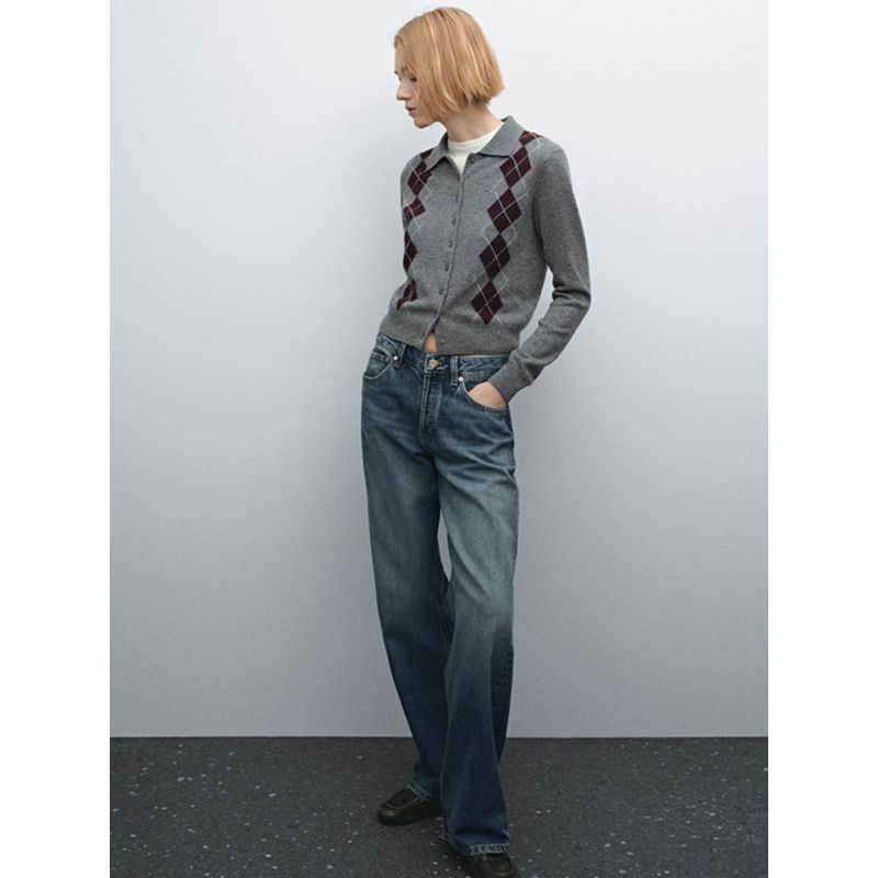 MD Women's Clothing New British College Style Diamond Pattern Short Wool Polo Collar Knitting Cardigan 05746639802