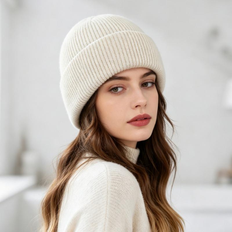Autumn Winter Fashion Rabbit Hair Knit Hat Double Rolled Brim Warm Cold Hat
