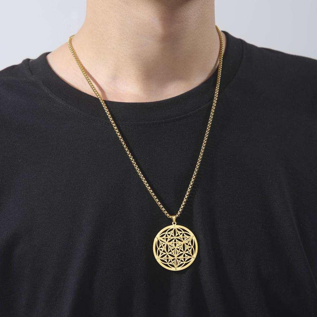 Fashion Titanium Steel Hollow Out Hexagram Pendant Necklace Trendy Round Pendant Jewelry