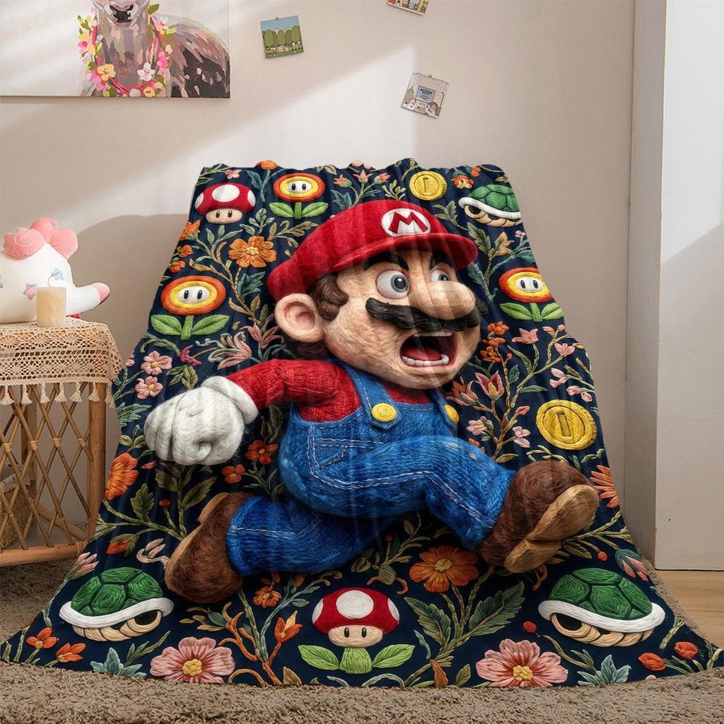 Super Mario Classic 2D Cartoon Flannel Blanket, Printed Pattern for Sofa Bed, Warm Picnic Travel Throw_LIAN
