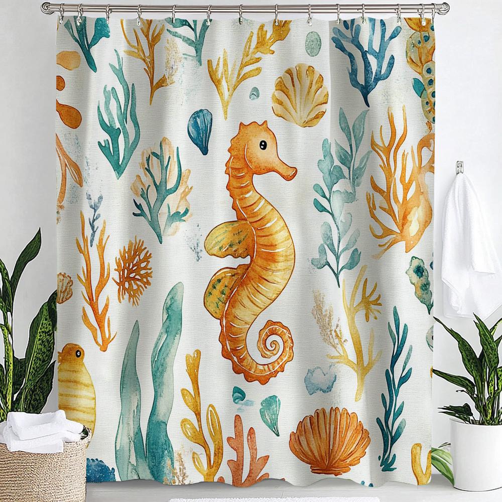 1Pc Blue Ocean, Hippocampus Print Waterproof Shower Curtain,Underwater World Bathing Curtain Partition Privacy Hanging Curtain
