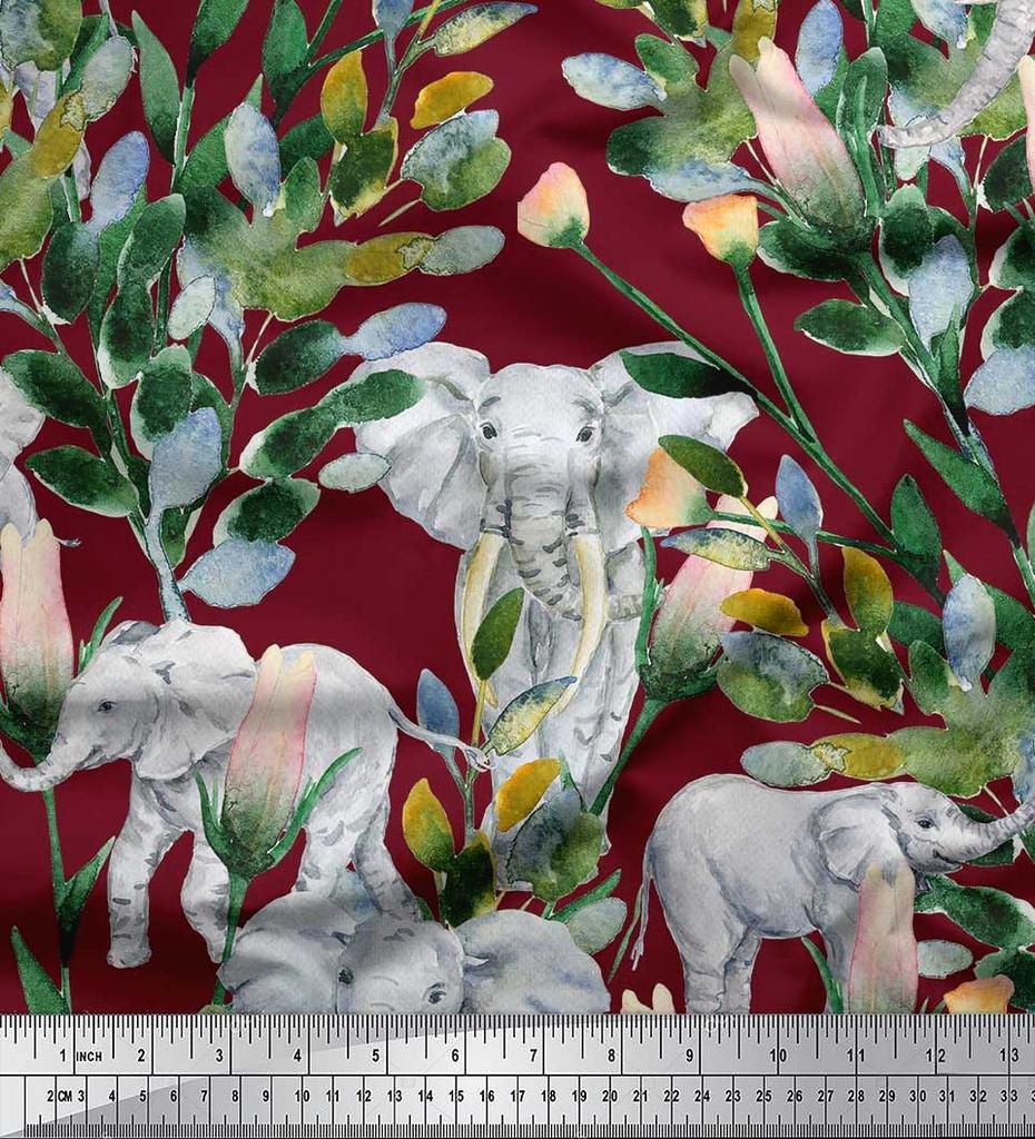 Soimoi Japan Crepe Satin Fabric Leaves,Floral & Elephant Animal Printed Craft Fabric by the metre 42 Inch