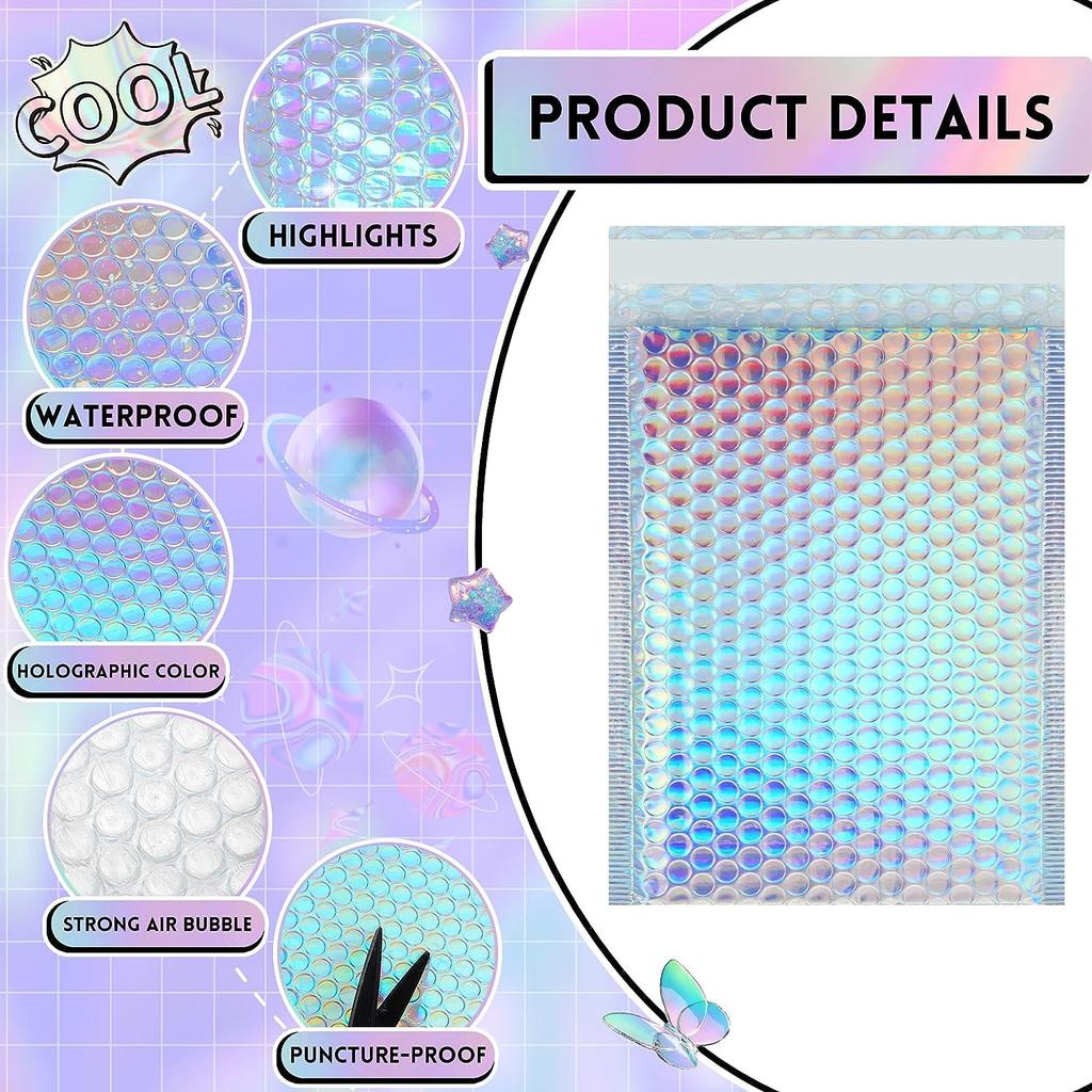 100PCS Holographic Mailer Laser Bubble Mailers Padded Envelopes Packaging Bags for Business Bubble Mailers Shipping Packaging