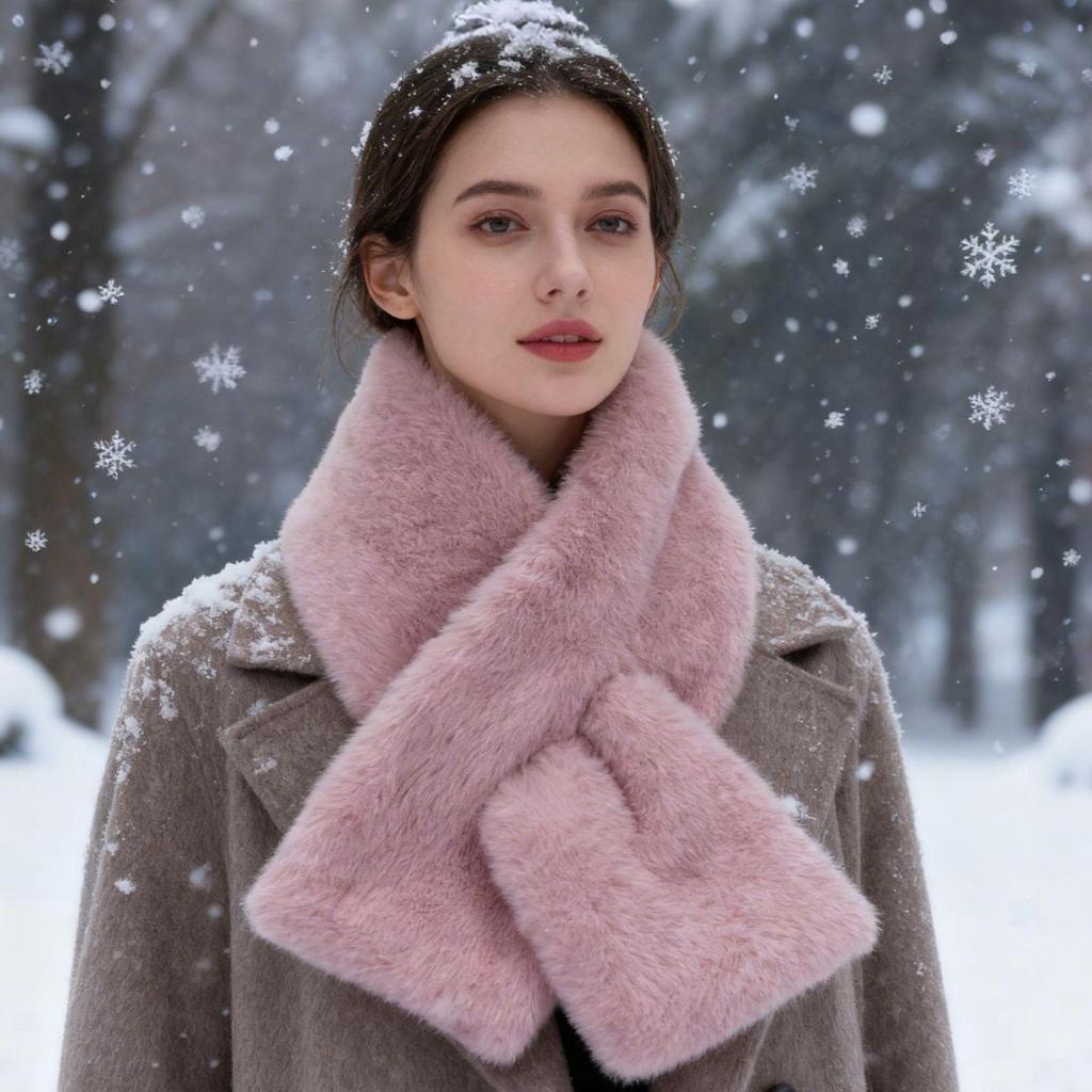 Korean Women's Plush Winter Scarf, High-Grade Pure Color, Thick and Warm Imitation Rabbit Fur Neck Wrap
