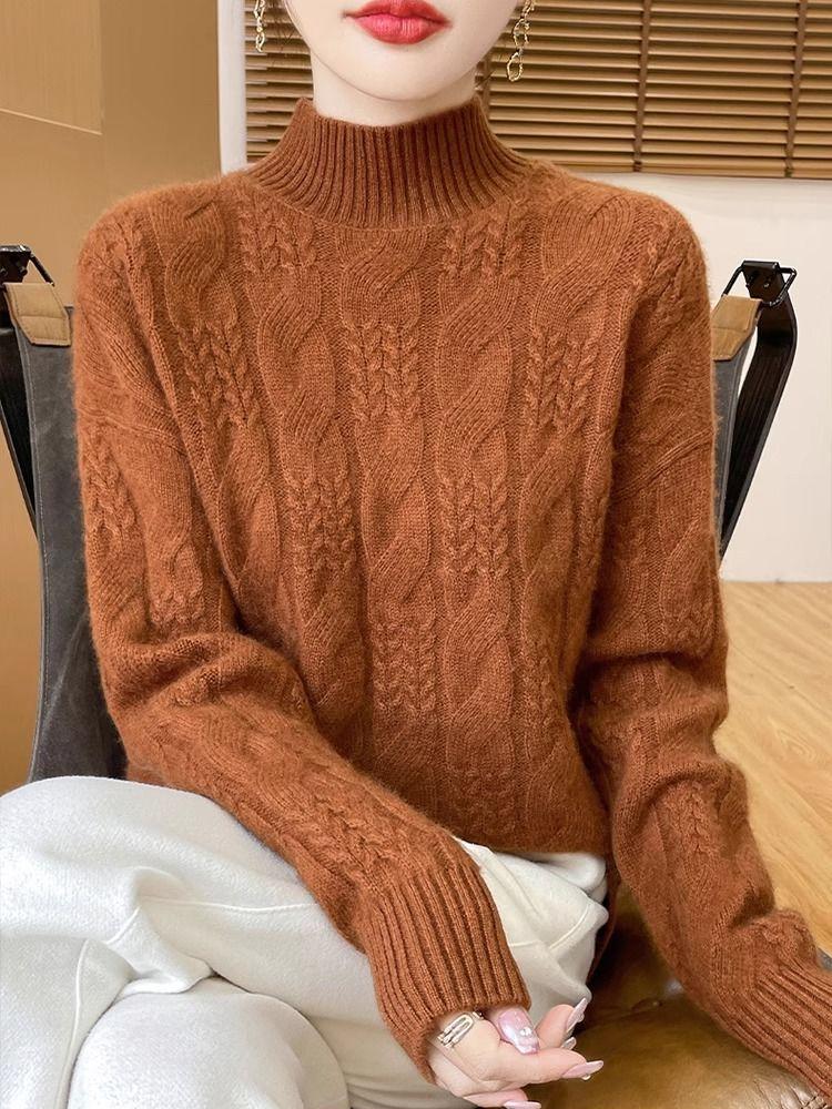 Women's Casual Sweater - Soft Thick Half-Turtleneck Long Sleeve Pullover, Loose Fit Solid Color Top with Medium Stretch, All-Season Sweater