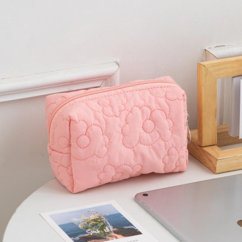 New Candy Color Pen Bag Large Capacity Pencil Case Travel Makeup Bag Women Quilted Flower Storage Bag Portable Toilet Bag
