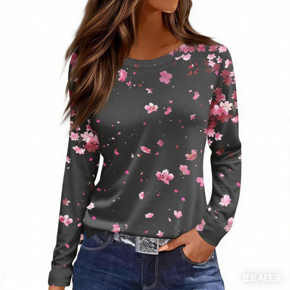 Spring Floral Print Women's T-shirt Casual Round Neck Retro Elegant Long Sleeves Women's Fashion Pullover Long Sleeve T-shirt Top