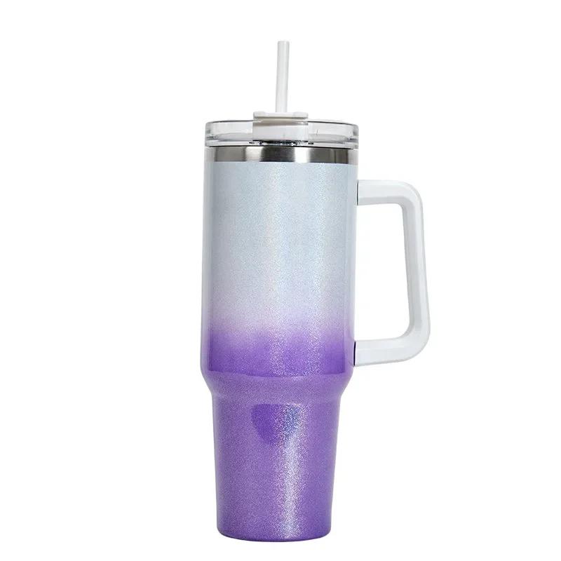 Handle Insulated Cup Ice Cream Cup Car Large Capacity Stainless Steel Rainbow Paint 40oz Car Cup Straw