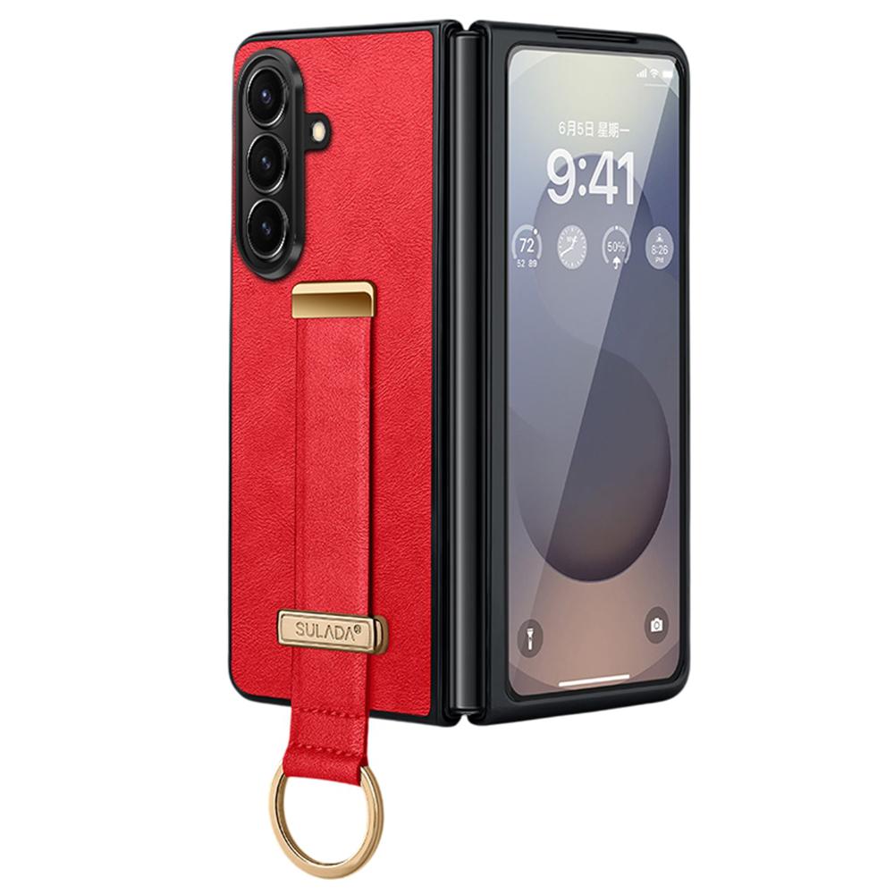 

SULADA Fashion Series for Samsung Galaxy Z Fold7 5G PU Leather+PC Phone Case Adjustable Wristband Kickstand Cover Red