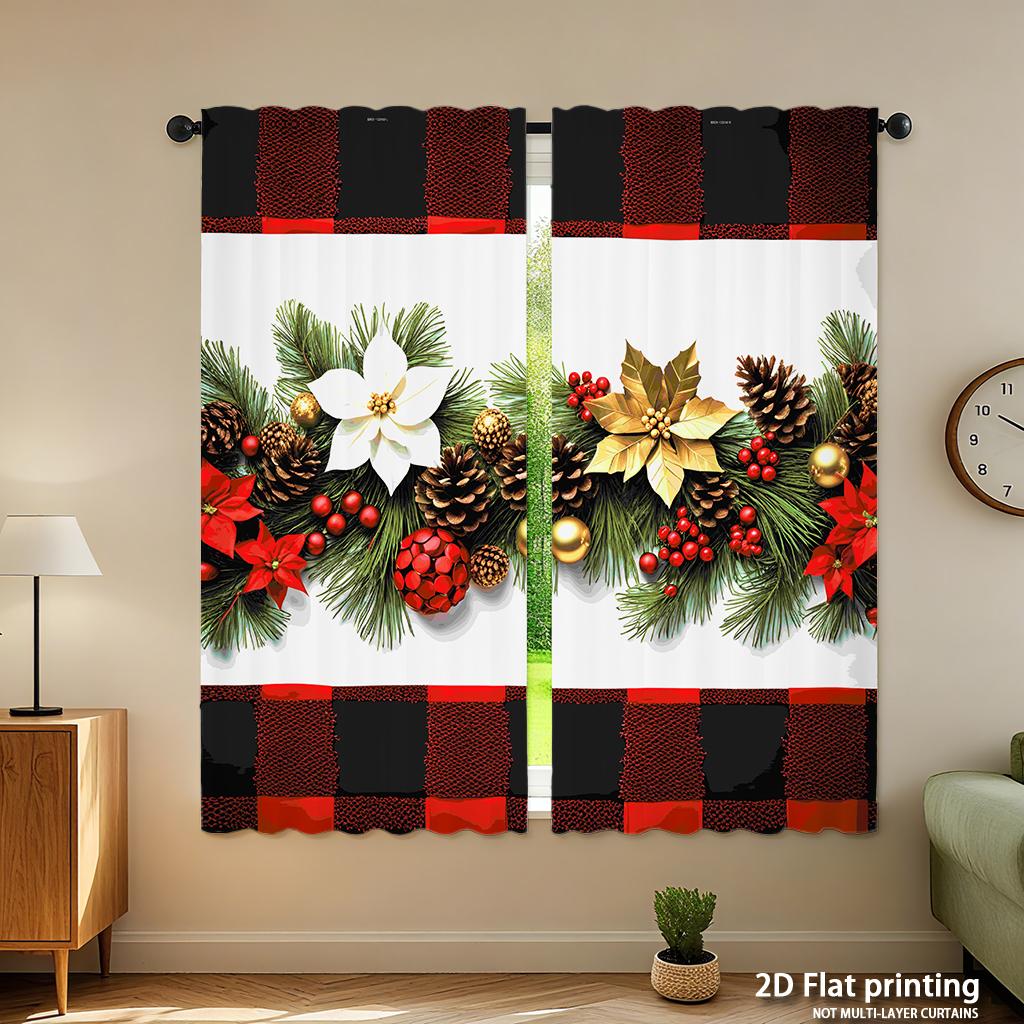 Piece Set High Definition Digital Printed Curtainschristmas Pine Branches Red Green Plaid Flower Decorhome Decoration Style Curtain Made Of Polyester