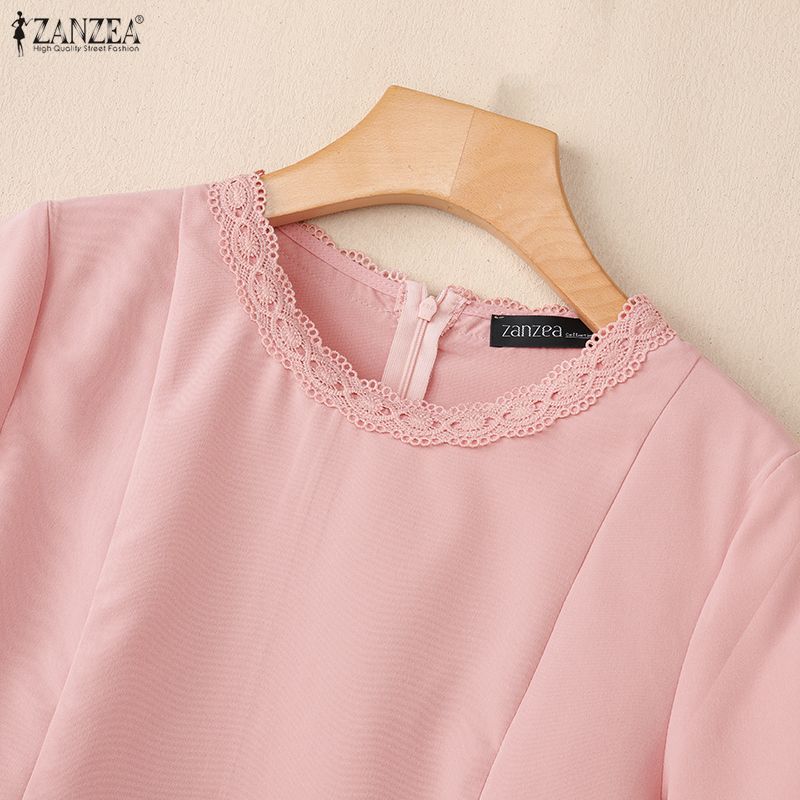 ZANZEA Women Lace Splice Round Neck Casual Short Sleeve Blouse