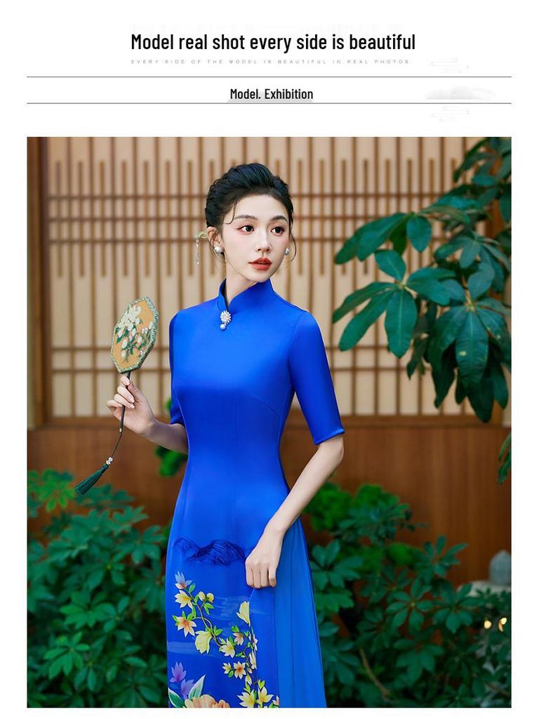 2025 Summer Blue Ao Dai-Inspired High-End Cheongsam Dress for Runway and Evening Wear