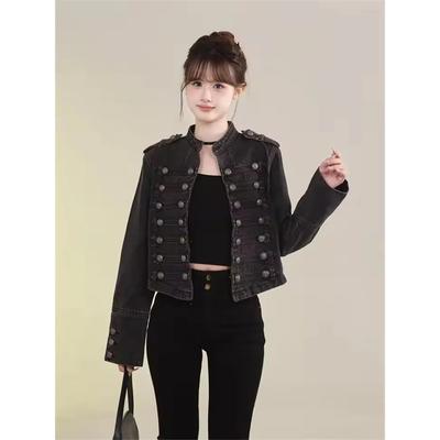 Women's American Retro Denim Military Inspired Cropped Denim Jacket Long Sleeve Stand Collar Jeans Coat Casual Motorcycle Coat