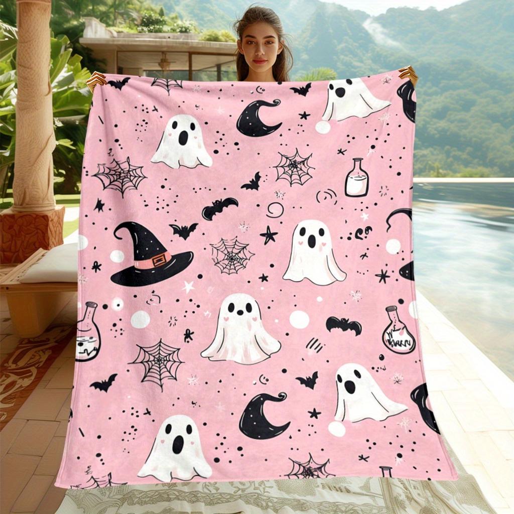 Cute Pink Halloween Ghost Print Throw Blanket Cozy Sofa Couch Manta Soft Bed Decorative Blanket For Bedroom Living Room