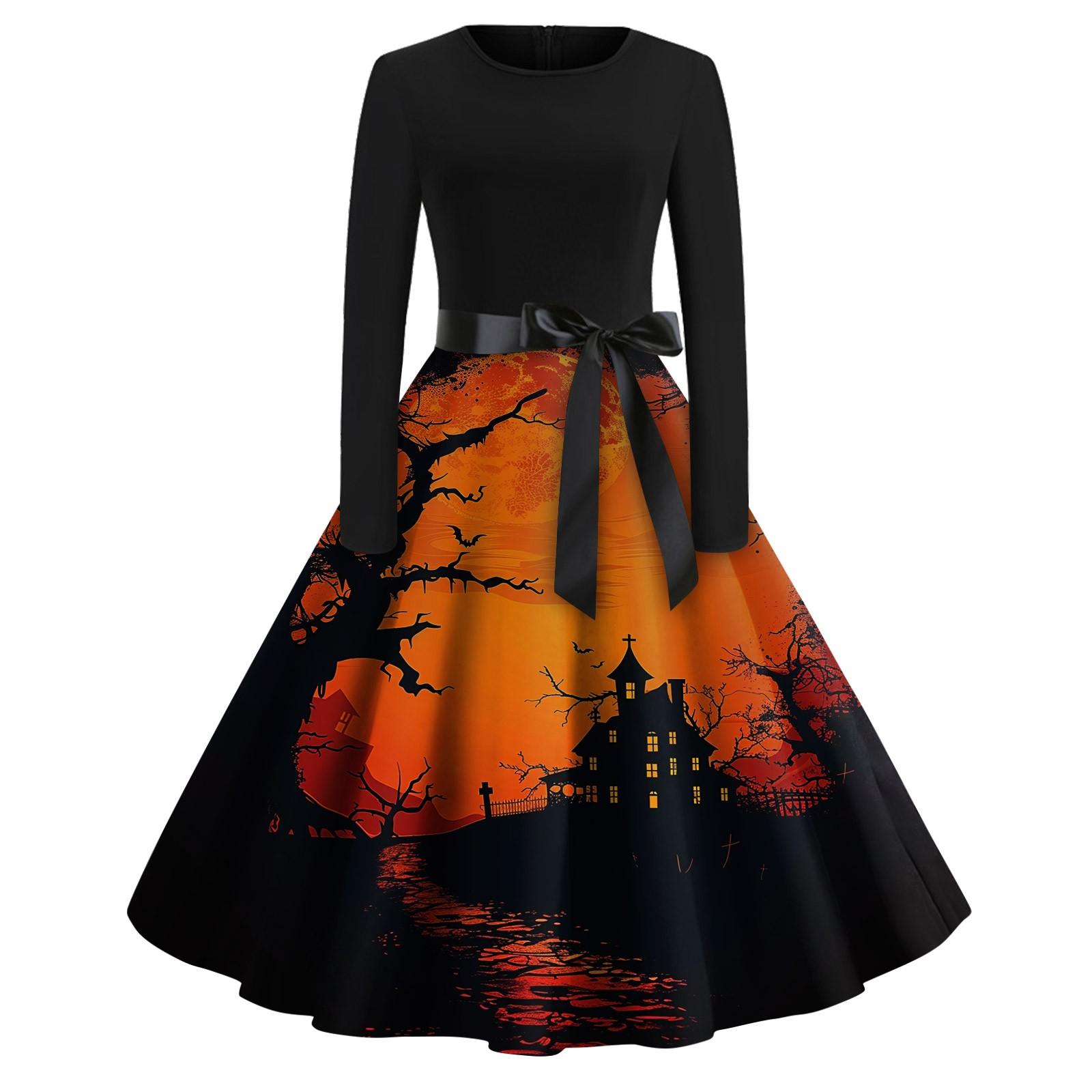 

Женское модное платье с V-образным вырезом, повседневное, приталенное, с принтом на Хэллоуин, с длинным рукавом XL шафрановый