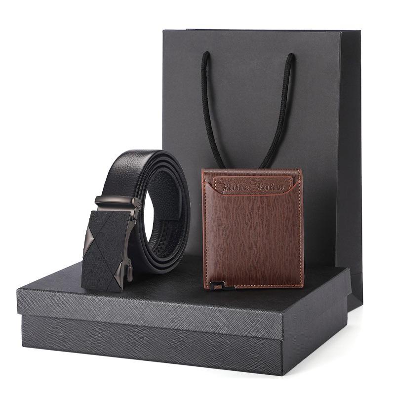 Men's Business Gift Set: Cowhide Wallet with Automatic Buckle Belt