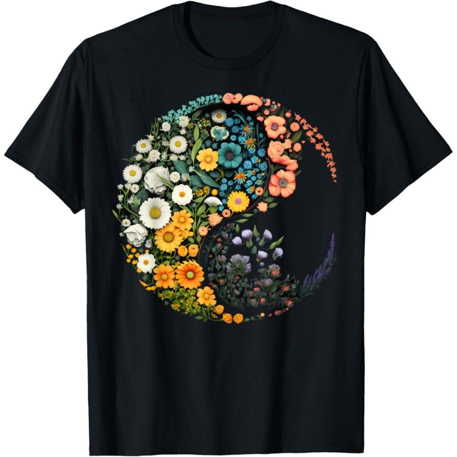 Flower Taoism Yin Yang Symbol on Zen Taijitu Yin Yang T-Shirt S