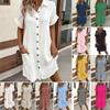 Women's Summer Cotton Shirt Dress Short Sleeves Button Down Knee Length Dresses Casual Loose Mini Dress with Pockets