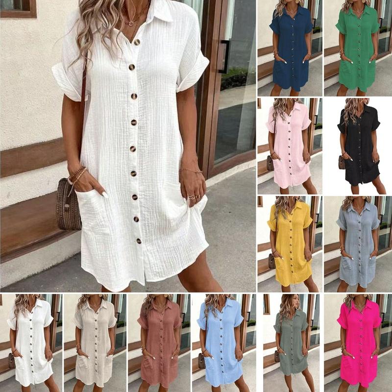 Women's Summer Cotton Shirt Dress Short Sleeves Button Down Knee Length Dresses Casual Loose Mini Dress with Pockets