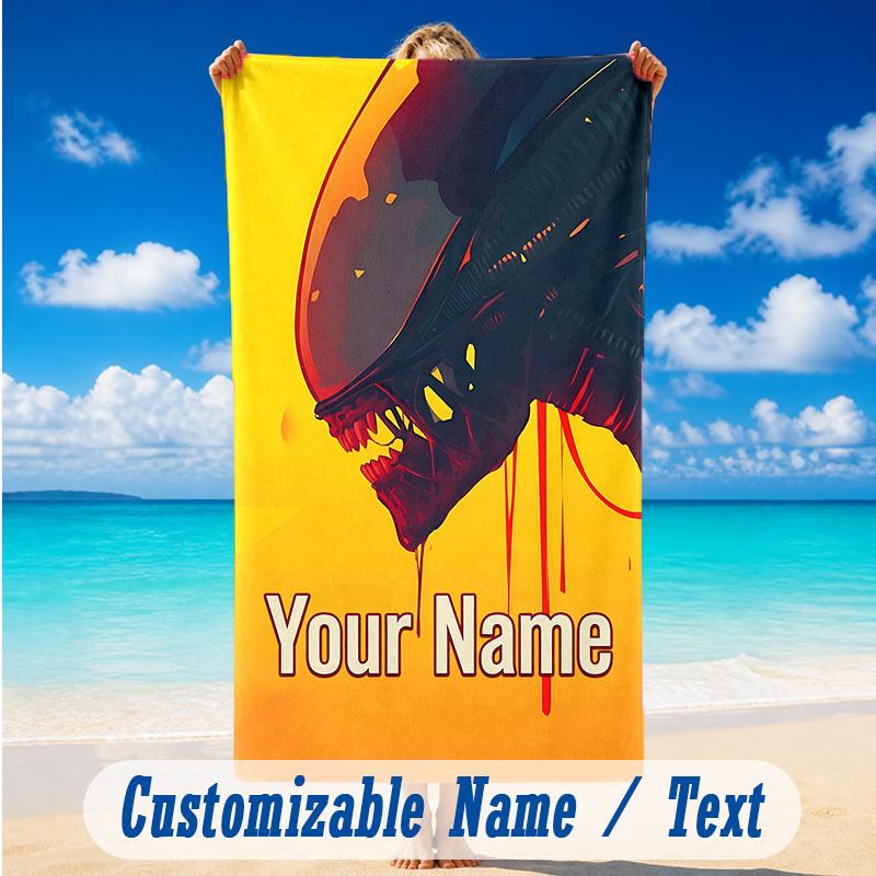 Beach Towel Custom Name Text, Quick Dry Large Towel For Beach HomeAlien Xenomorph